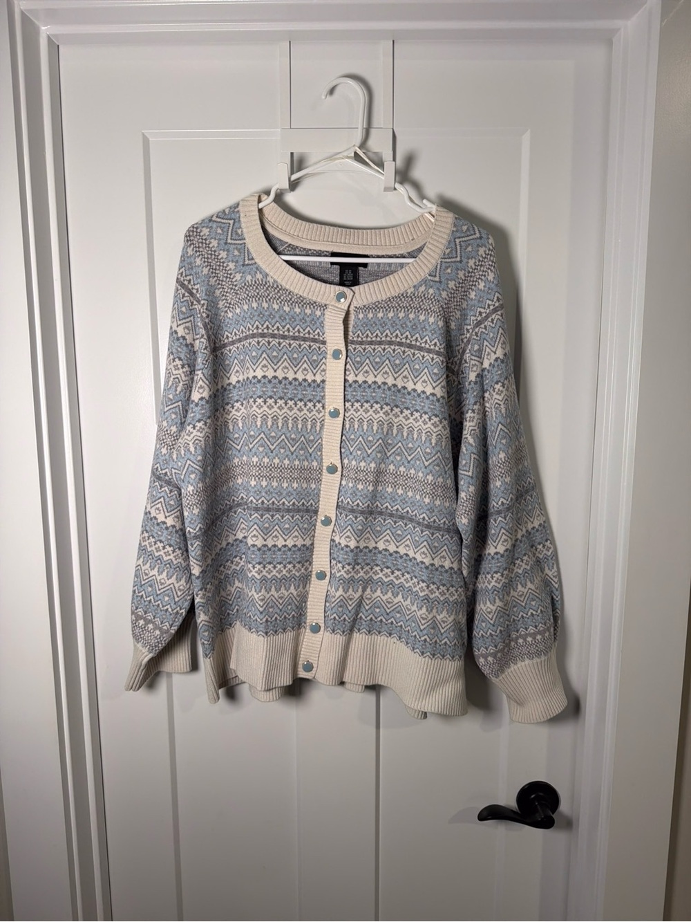 Light Blue and Cream Patterned Button-Front Cardigan Sweater